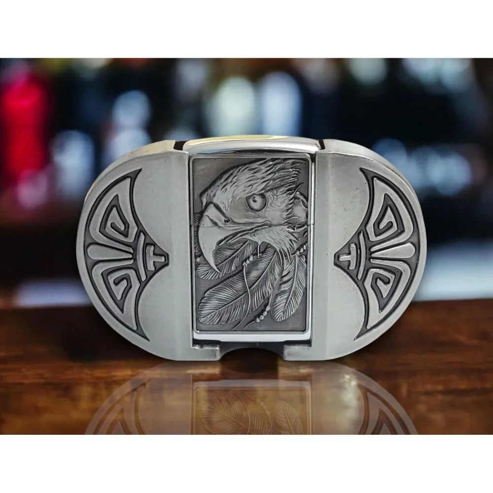 Eagle Head Vintage Silver Finish Metal Lighter Belt Buckle - Free Engraving - Picture 1 of 9